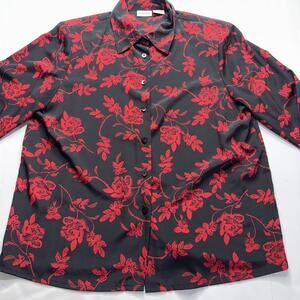 Vtg Red Roses On Black Blouse Women Sz 14 Button Up Classy Gothic All Over
